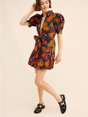 Farm Rio Vibrant Heart-Print Mini Dress in Orange & Purple